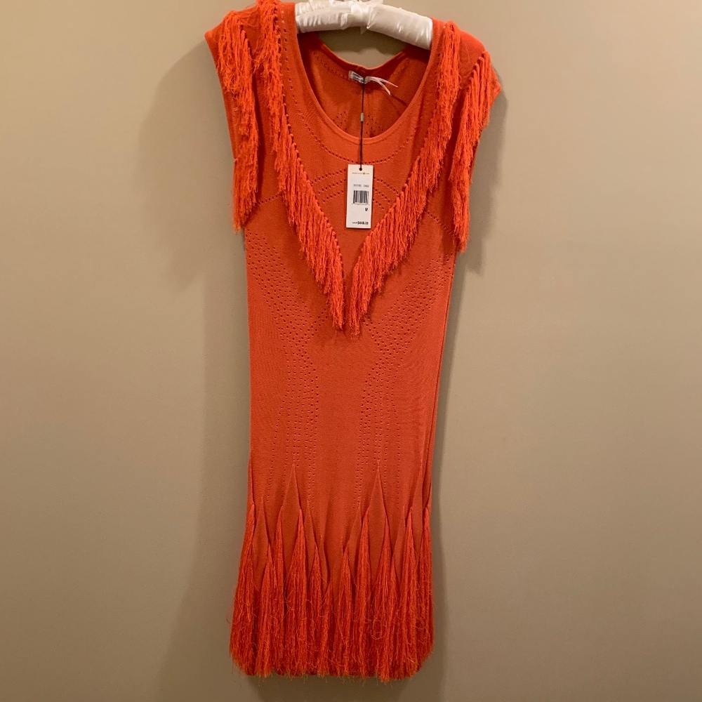 LEON MAX LIMITED EDITION ORANGE COCKTAIL FRINGE DRESS - SIZE M/S